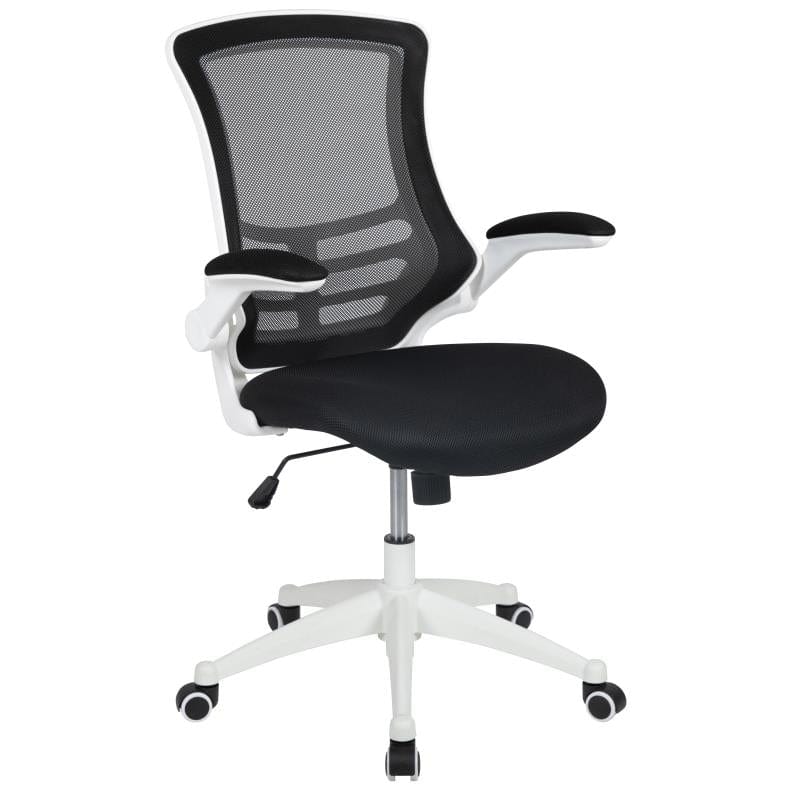 Kelista Mid-Back Black Mesh Swivel Ergonomic Task Office Chair with White Frame and Flip-Up Arms