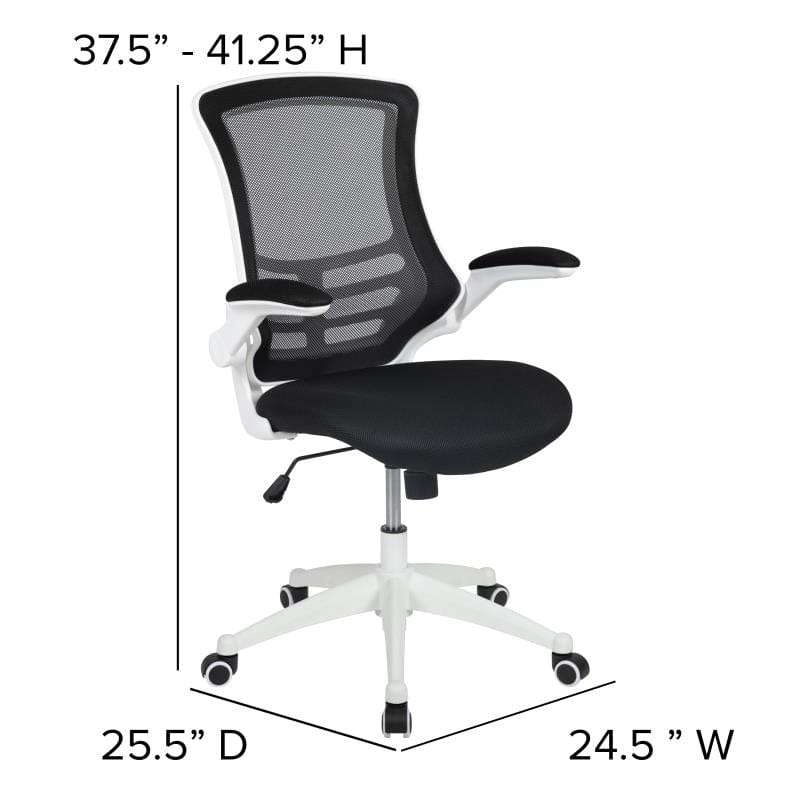 Kelista Mid-Back Black Mesh Swivel Ergonomic Task Office Chair with White Frame and Flip-Up Arms