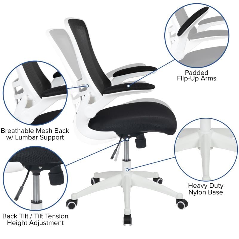 Kelista Mid-Back Black Mesh Swivel Ergonomic Task Office Chair with White Frame and Flip-Up Arms