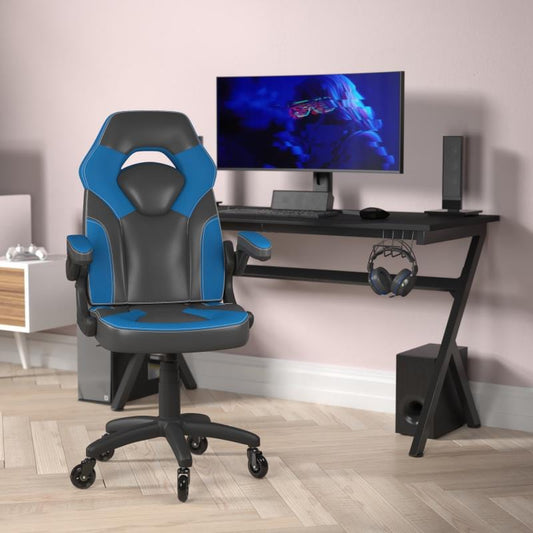 X10 Gaming Chair Racing Office Computer PC Adjustable Chair with Flip-up Arms and Transparent Roller Wheels, Blue/Black LeatherSoft