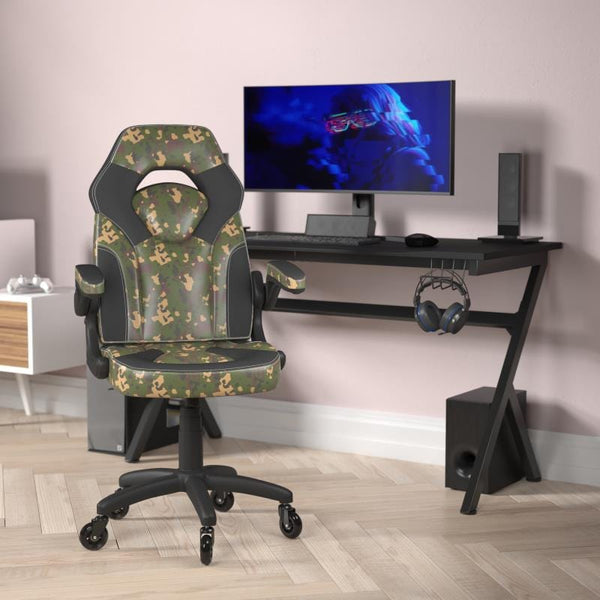 X10 Gaming Chair Racing Computer PC Adjustable Chair with Flip-up Arms and Transparent Roller Wheels, Camouflage/Black LeatherSoft