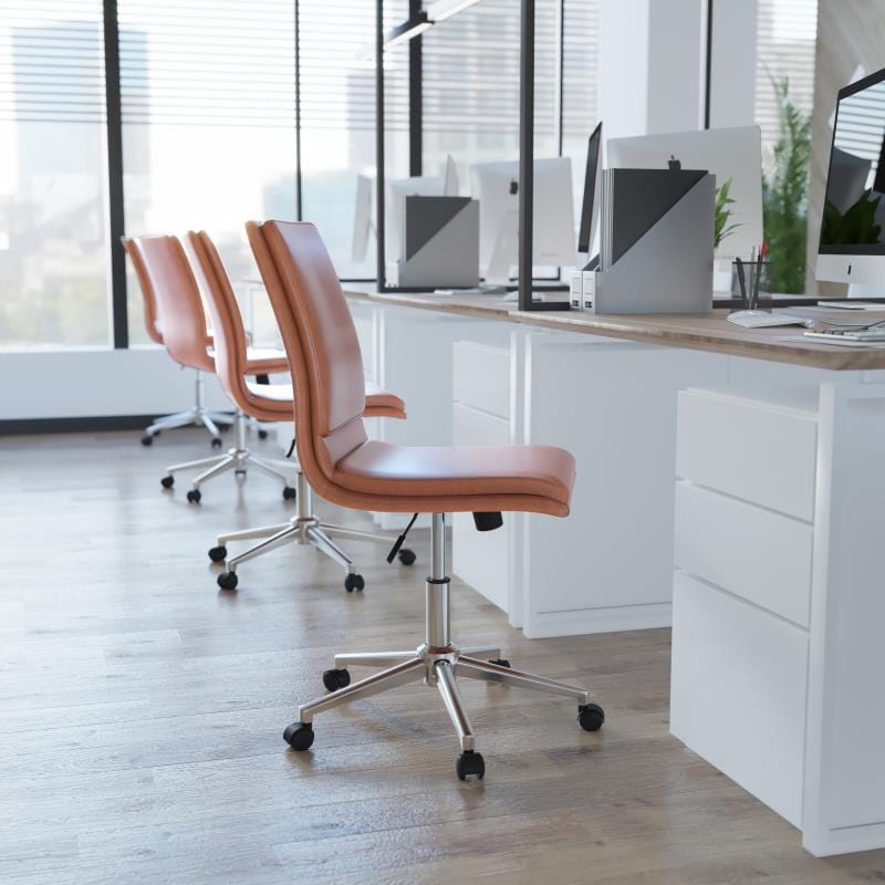 Madigan Mid-Back Armless Swivel Task Office Chair with LeatherSoft and Adjustable Chrome Base, Cognac