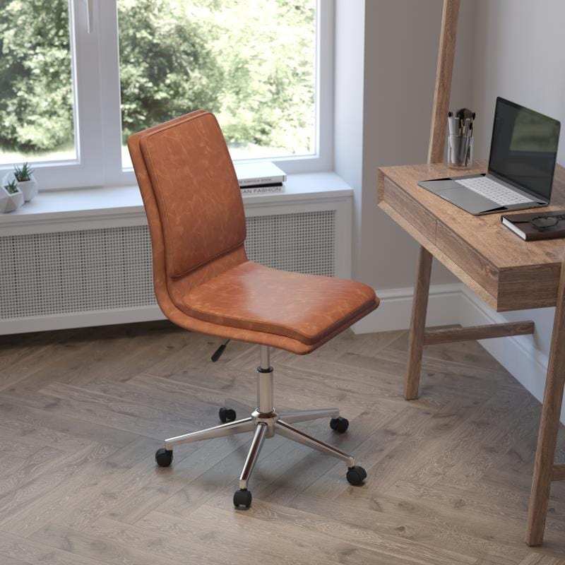 Madigan Mid-Back Armless Swivel Task Office Chair with LeatherSoft and Adjustable Chrome Base, Cognac