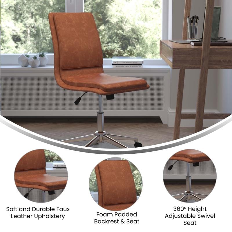 Madigan Mid-Back Armless Swivel Task Office Chair with LeatherSoft and Adjustable Chrome Base, Cognac
