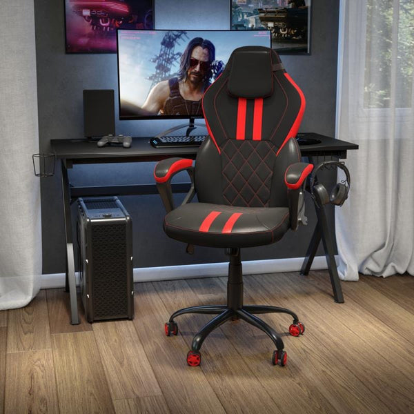 Stone Ergonomic Office Computer Chair - Adjustable Black and Red Designer Gaming Chair - 360° Swivel - Red Dual Wheel Casters