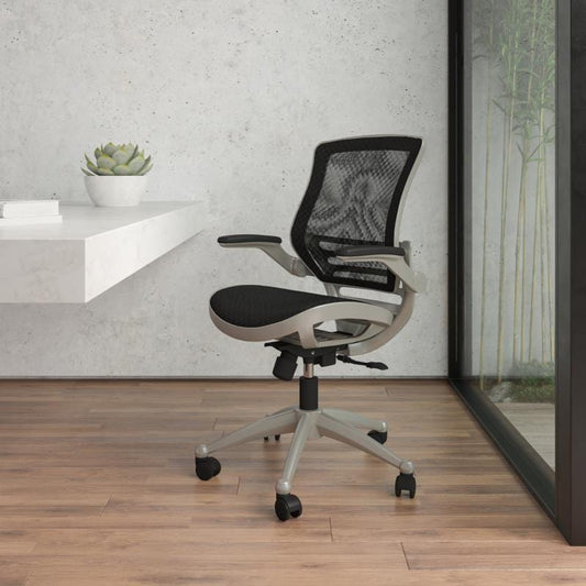 Warfield Mid-Back Transparent Black Mesh Executive Swivel Office Chair with Graphite Silver Frame and Flip-Up Arms