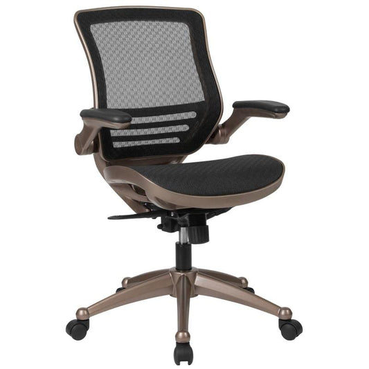 Warfield Mid-Back Transparent Black Mesh Executive Swivel Office Chair with Melrose Gold Frame and Flip-Up Arms