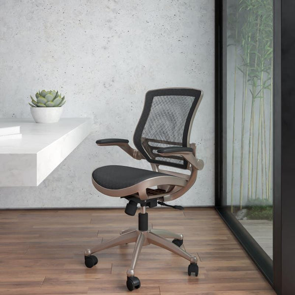Warfield Mid-Back Transparent Black Mesh Executive Swivel Office Chair with Melrose Gold Frame and Flip-Up Arms