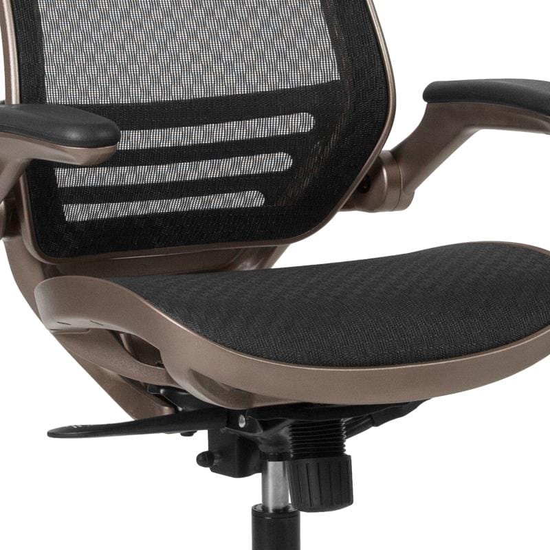 Warfield Mid-Back Transparent Black Mesh Executive Swivel Office Chair with Melrose Gold Frame and Flip-Up Arms