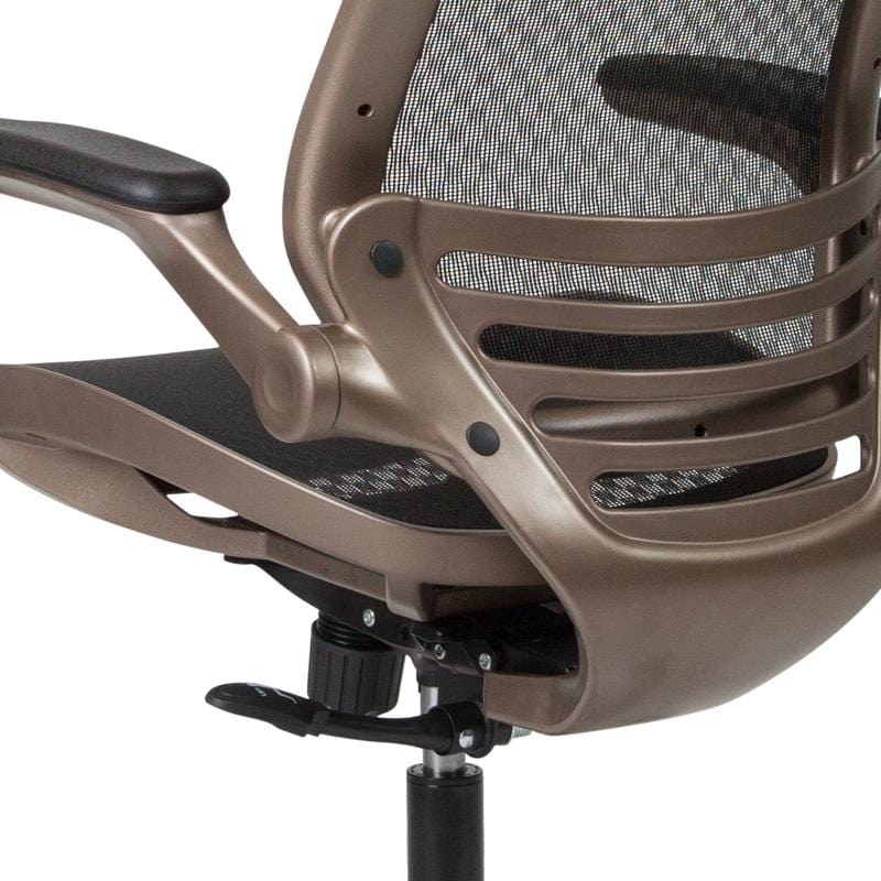 Warfield Mid-Back Transparent Black Mesh Executive Swivel Office Chair with Melrose Gold Frame and Flip-Up Arms