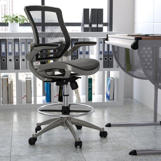 Waylon Mid-Back Transparent Black Mesh Drafting Chair with Graphite Silver Frame and Flip-Up Arms