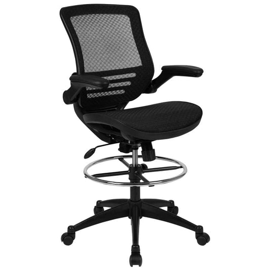 Waylon Mid-Back Transparent Black Mesh Drafting Chair with Black Frame and Flip-Up Arms