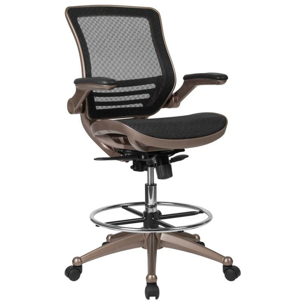 Waylon Mid-Back Transparent Black Mesh Drafting Chair with Melrose Gold Frame and Flip-Up Arms