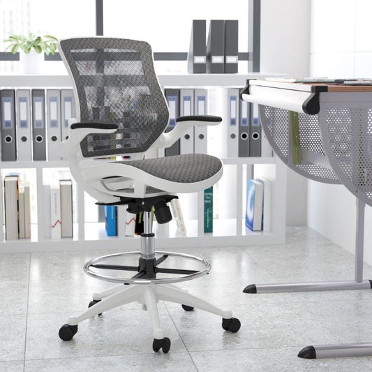 Waylon Mid-Back Transparent Gray Mesh Drafting Chair with White Frame and Flip-Up Arms