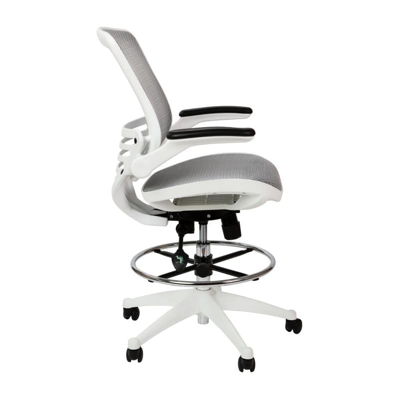 Waylon Mid-Back Transparent Gray Mesh Drafting Chair with White Frame and Flip-Up Arms