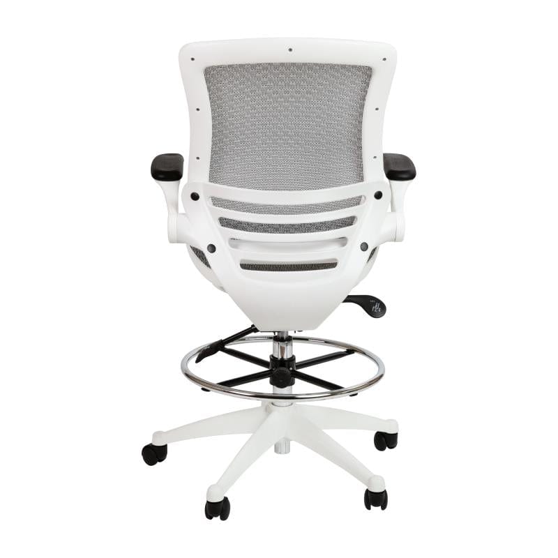 Waylon Mid-Back Transparent Gray Mesh Drafting Chair with White Frame and Flip-Up Arms