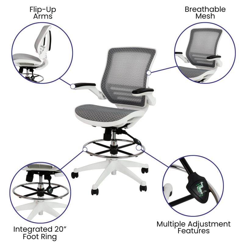 Waylon Mid-Back Transparent Gray Mesh Drafting Chair with White Frame and Flip-Up Arms