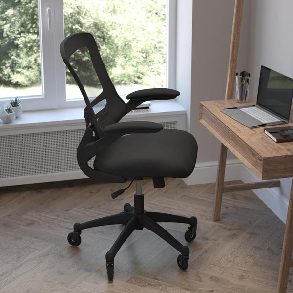 Kelista Mid-Back Black Mesh Swivel Ergonomic Task Office Chair with Flip-Up Arms and Transparent Roller Wheels, BIFMA Certified