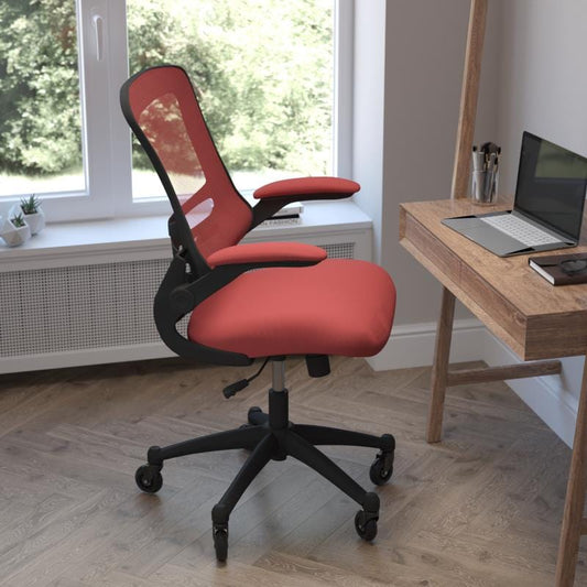 Kelista Mid-Back Red Mesh Swivel Ergonomic Task Office Chair with Flip-Up Arms and Transparent Roller Wheels