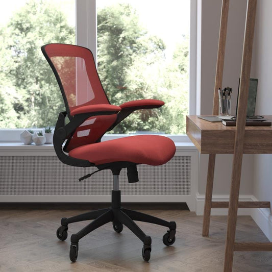 Kelista Mid-Back Red Mesh Swivel Ergonomic Task Office Chair with Flip-Up Arms and Transparent Roller Wheels