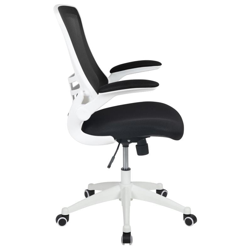 Kelista Mid-Back Black Mesh Swivel Ergonomic Task Office Chair with White Frame and Flip-Up Arms
