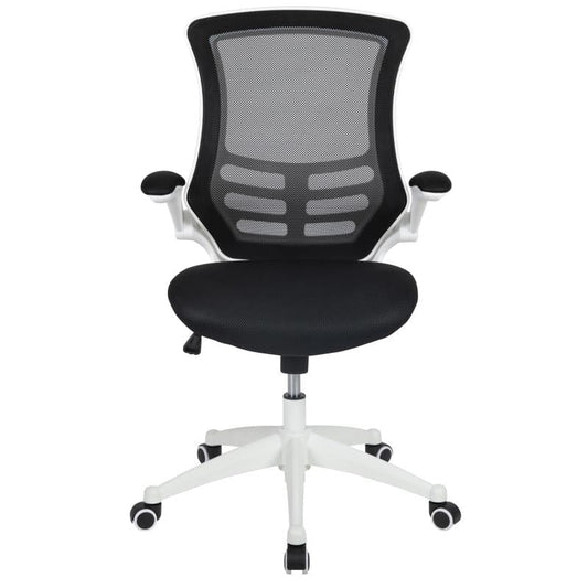 Kelista Mid-Back Black Mesh Swivel Ergonomic Task Office Chair with White Frame and Flip-Up Arms