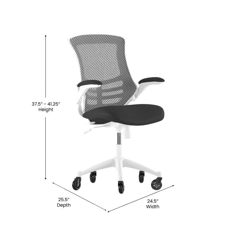 Kelista Mid-Back Black Mesh Swivel Ergonomic Task Office Chair with White Frame, Flip-Up Arms, and Transparent Roller Wheels
