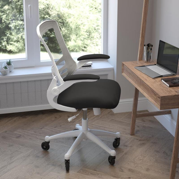 Kelista Mid-Back Black Mesh Swivel Ergonomic Task Office Chair with White Frame, Flip-Up Arms, and Transparent Roller Wheels