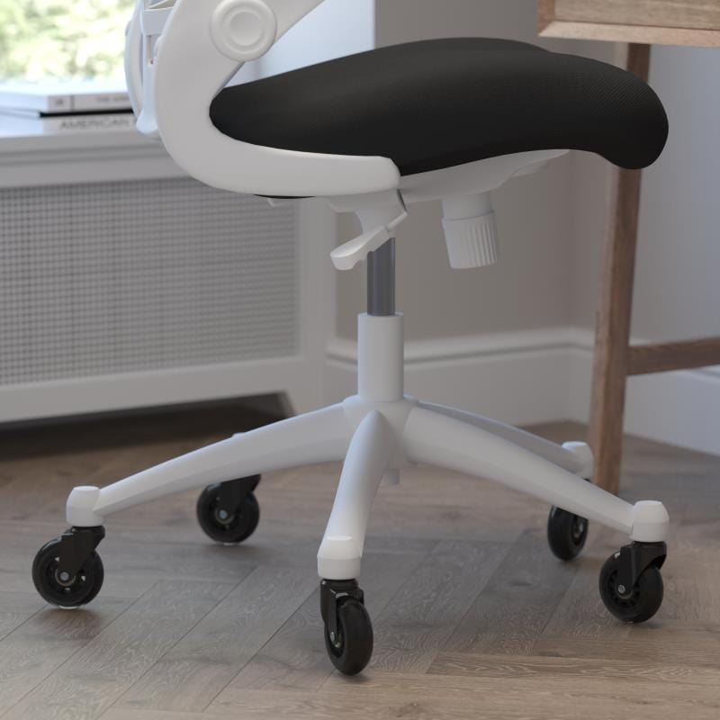 Kelista Mid-Back Black Mesh Swivel Ergonomic Task Office Chair with White Frame, Flip-Up Arms, and Transparent Roller Wheels