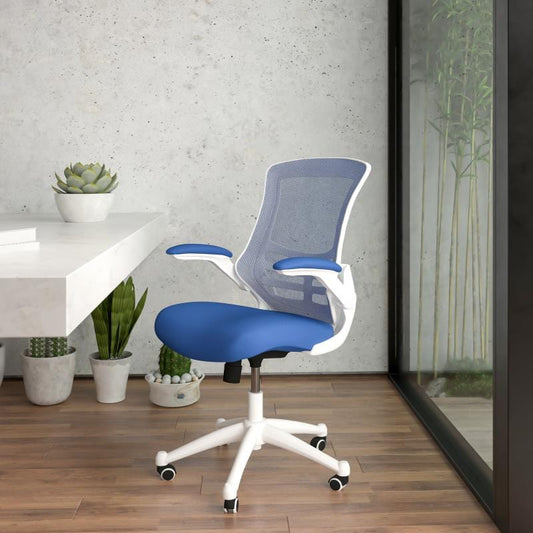 Kelista Mid-Back Blue Mesh Swivel Ergonomic Task Office Chair with White Frame and Flip-Up Arms