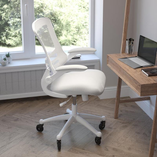 Kelista Mid-Back Light Gray Mesh Swivel Ergonomic Task Office Chair with White Frame, Flip-Up Arms, and Transparent Roller Wheels