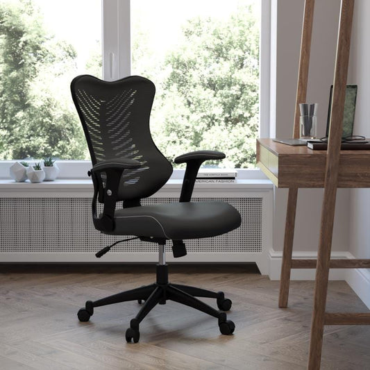 Kale High Back Designer Black Mesh Executive Swivel Ergonomic Office Chair with LeatherSoft Seat and Adjustable Arms