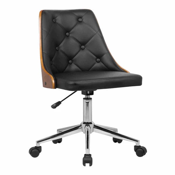 Button Tufted Leatherette Wooden Adjustable Office Chair, Brown and Black