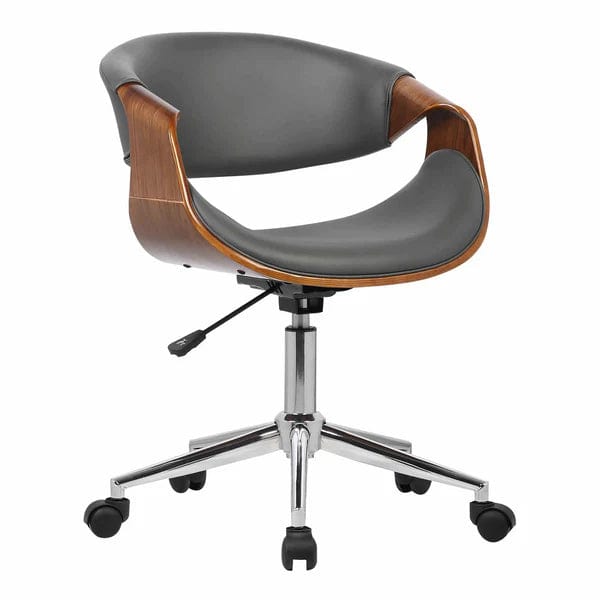 Curved Leatherette Wooden Frame Adjustable Office Chair, Brown And Gray