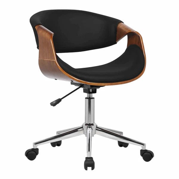 Curved Leatherette Wooden Frame Adjustable Office Chair, Brown and Black