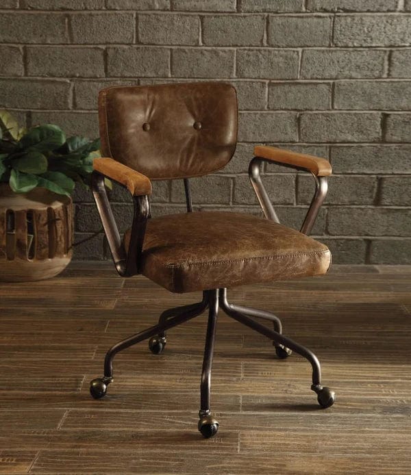 Leatherette Button Tufted Office Chair With 5 Star Caster Base, Brown