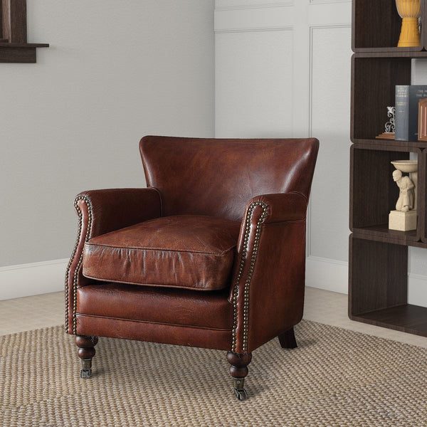 Leather Upholstered Accent Chair With Nail head Trim, Dark Brown