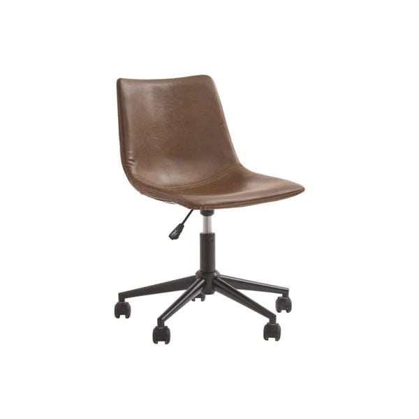 Metal Swivel Chair with Faux Leather Upholstery and Adjustable Seat, Brown and Black