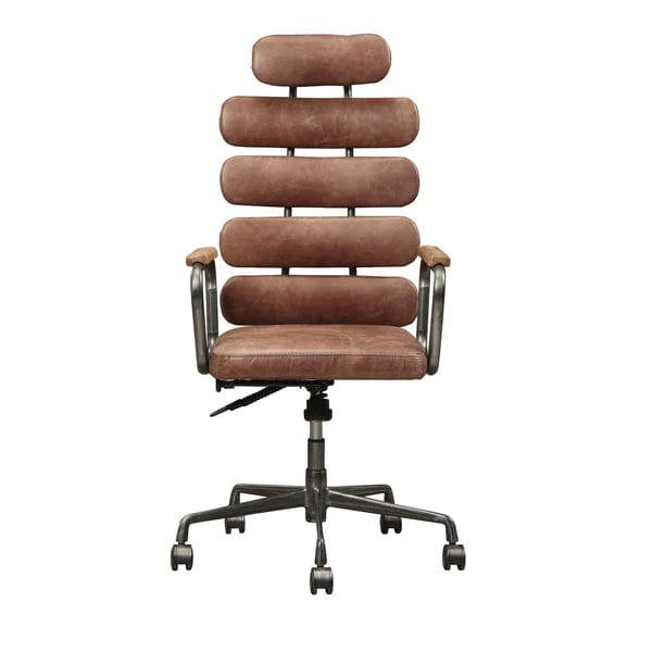 Leatherette Metal Swivel Executive Chair With Five Horizontal Panels Backrest, Brown And Gray