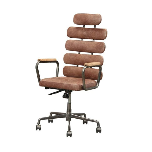 Leatherette Metal Swivel Executive Chair With Five Horizontal Panels Backrest, Brown And Gray