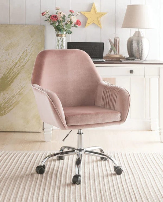Adjustable Velvet Upholstered Swivel Office Chair With Slopped Armrests, Pink And Silver - BM194303