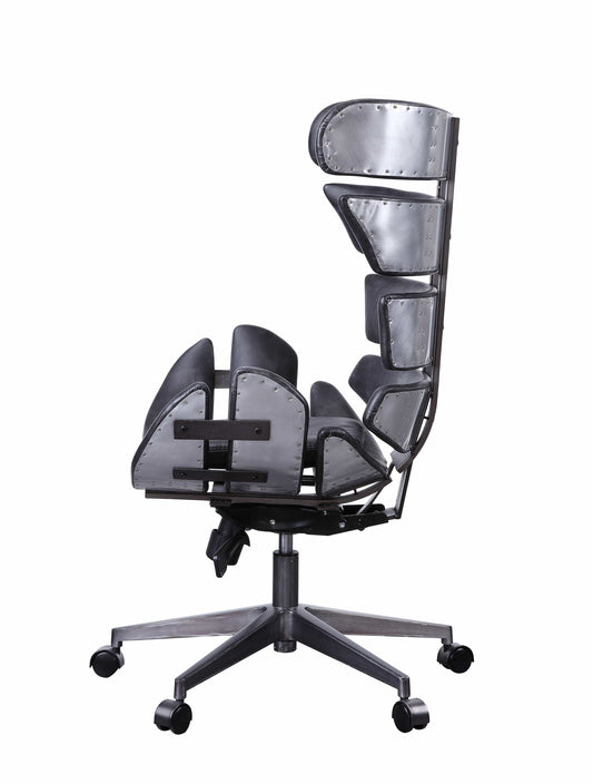 Metal Framed Wingback Office Chair With Leatherette Upholstered Horizontal Panels, Black And Gray