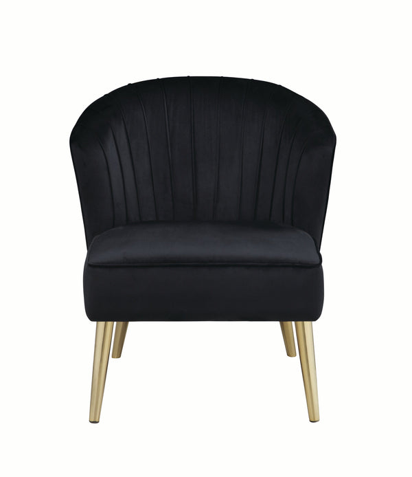 Velvet Upholstered Accent Chair with Channel Tufted Wingback and Metal Legs, Black and Brass