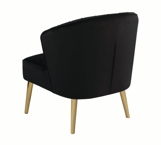 Velvet Upholstered Accent Chair with Channel Tufted Wingback and Metal Legs, Black and Brass