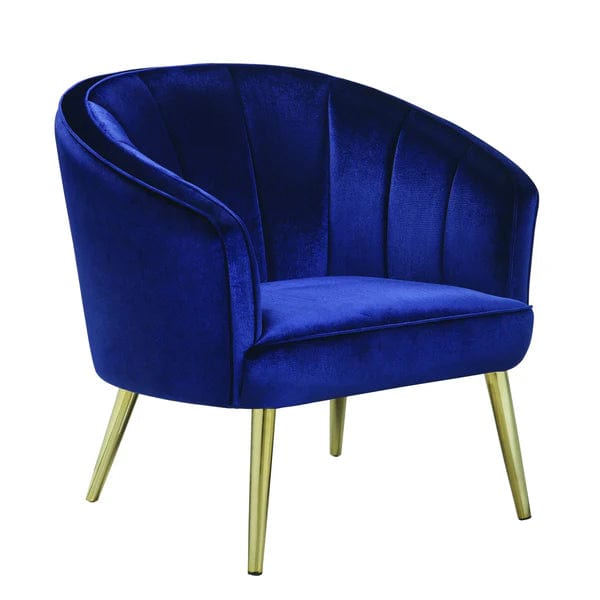Velvet Upholstered Accent Chair with Channel Tufted back and Metal Legs, Blue and Brass
