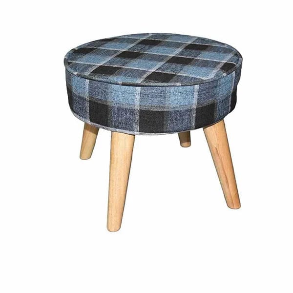 Fabric Upholstered Wooden Footstool with Dowel Legs, Blue and Brown