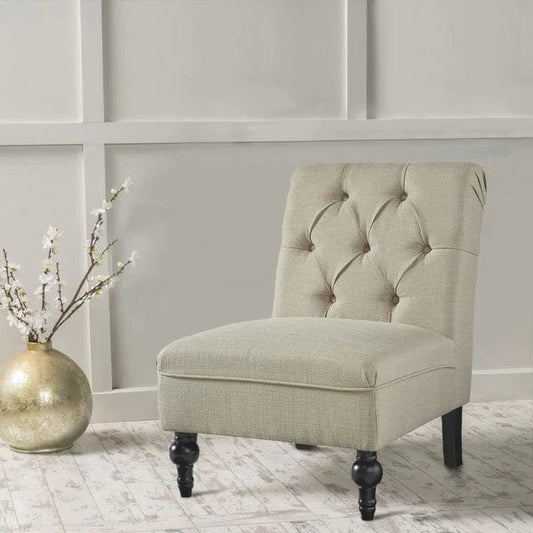 Wood and Fabric Armless Accent Chair with Button Tufting, Beige