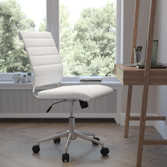 Hansel Mid-Back Armless White LeatherSoft Contemporary Ribbed Executive Swivel Office Chair