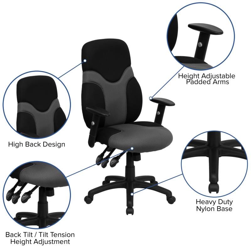 Abbott High Back Ergonomic Black and Gray Mesh Swivel Task Office Chair with Adjustable Arms