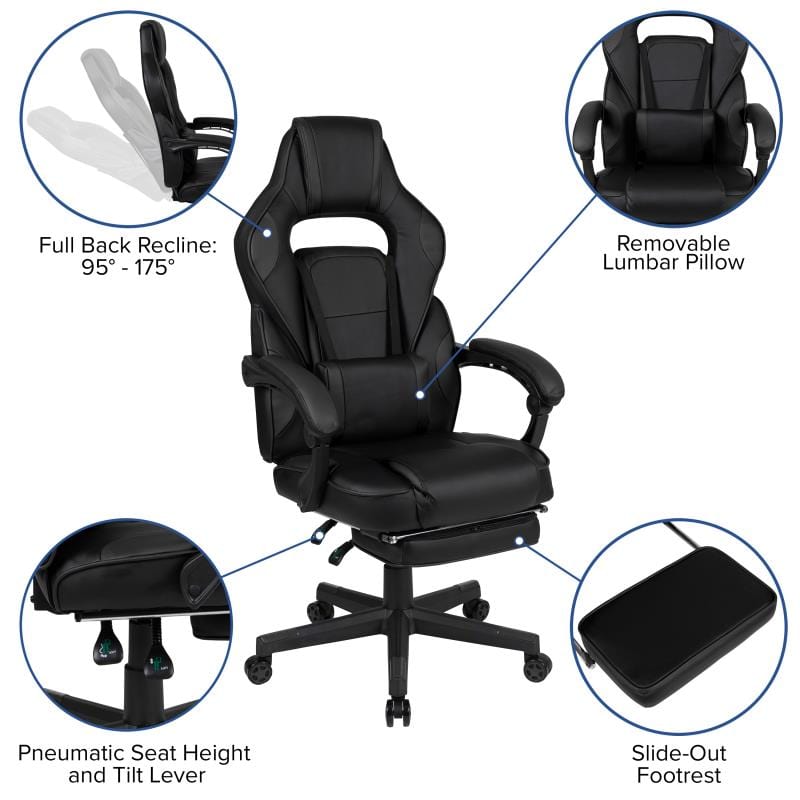 X40 Gaming Chair Racing Ergonomic Computer Chair with Fully Reclining Back/Arms, Slide-Out Footrest, Massaging Lumbar - Black